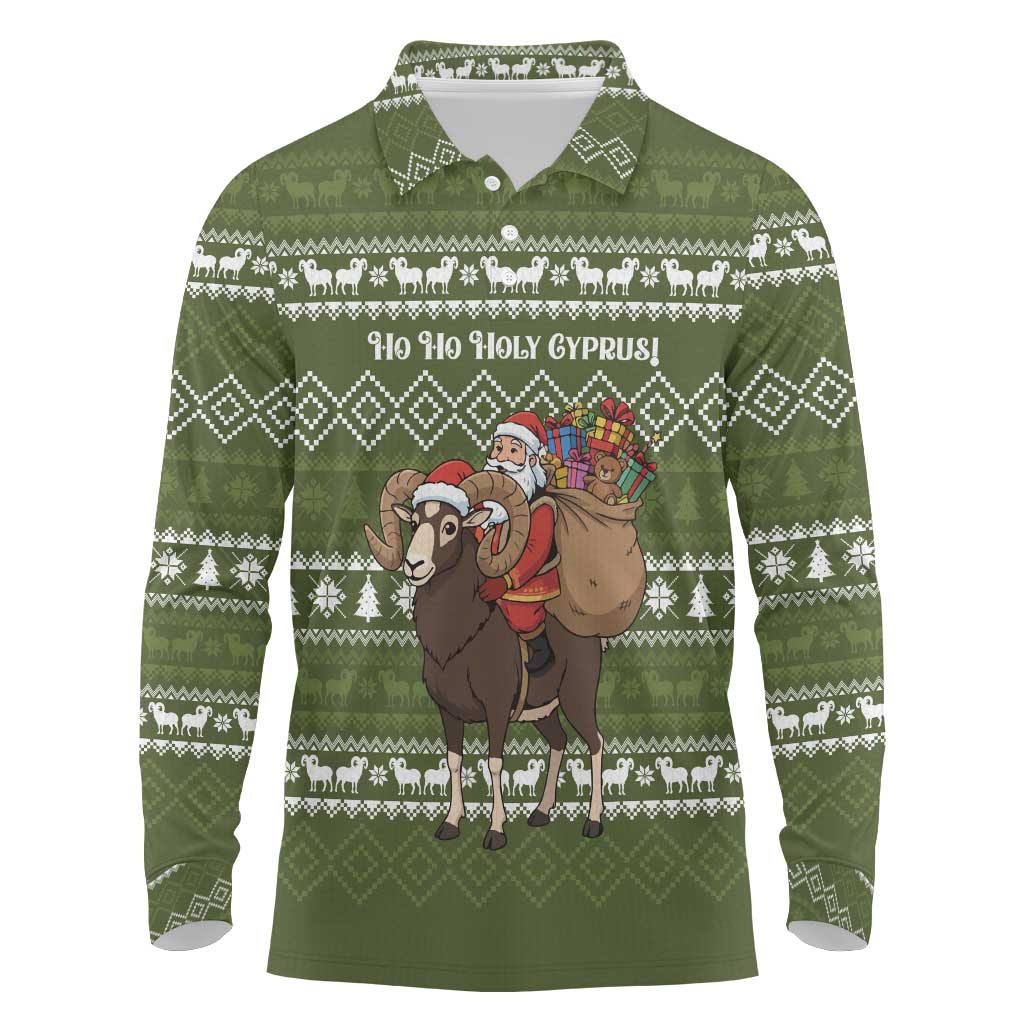 Cyprus Christmas Long Sleeve Polo Shirt with Santa Riding Ram Ho Ho Holy Cyprus Text and Green Holiday - Wonder Print Shop