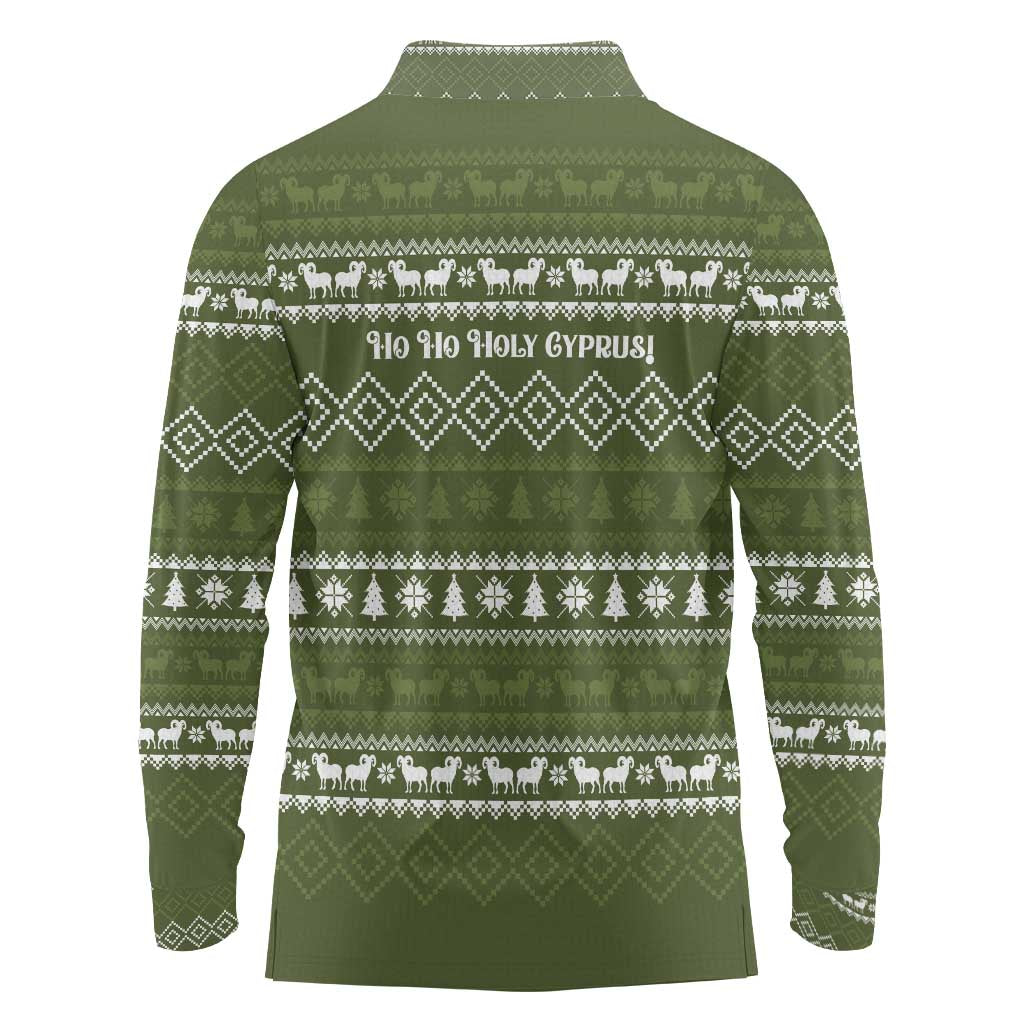 Cyprus Christmas Long Sleeve Polo Shirt with Santa Riding Ram Ho Ho Holy Cyprus Text and Green Holiday - Wonder Print Shop
