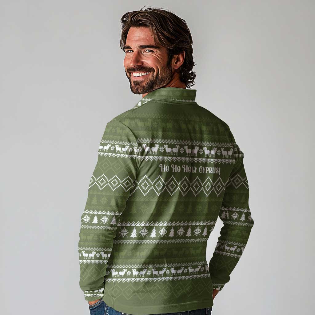 Cyprus Christmas Long Sleeve Polo Shirt with Santa Riding Ram Ho Ho Holy Cyprus Text and Green Holiday - Wonder Print Shop