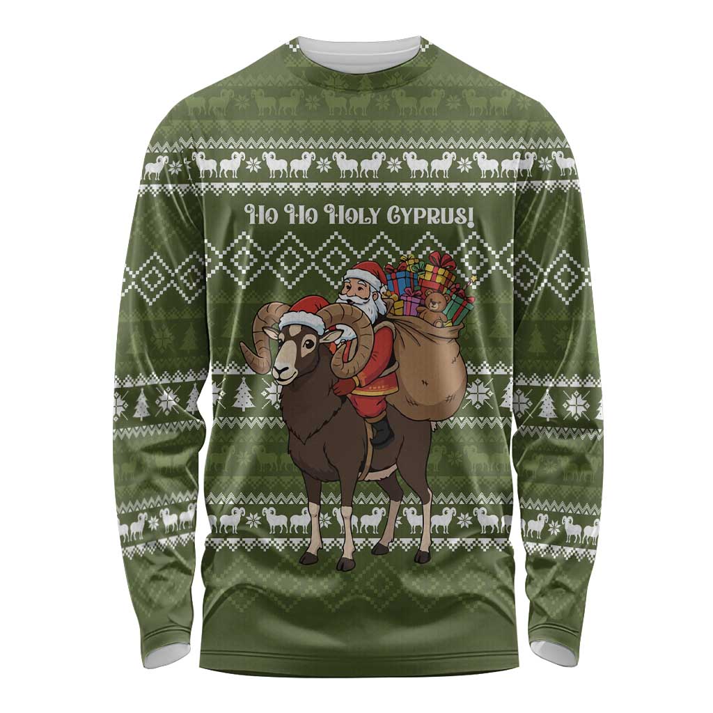 Cyprus Christmas Long Sleeve Shirt with Santa Riding Ram Ho Ho Holy Cyprus Text and Green Holiday - Wonder Print Shop
