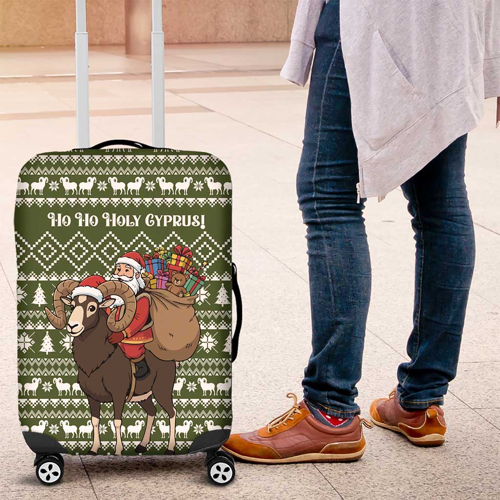 Cyprus Christmas Luggage Cover with Santa Riding Ram Ho Ho Holy Cyprus Text and Green Holiday - Wonder Print Shop