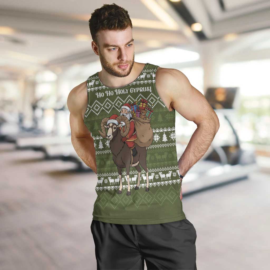 Cyprus Christmas Men Tank Top with Santa Riding Ram Ho Ho Holy Cyprus Text and Green Holiday - Wonder Print Shop