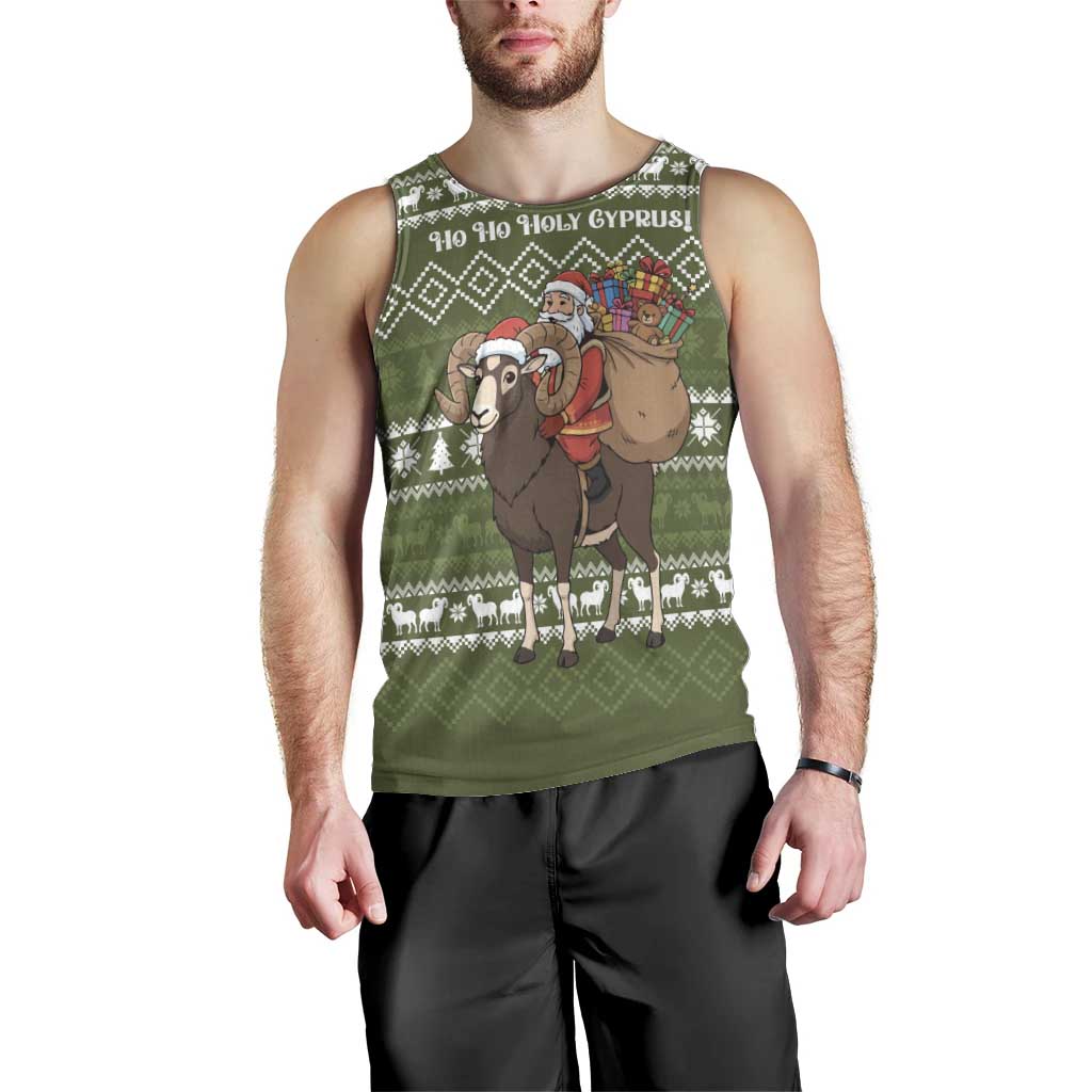 Cyprus Christmas Men Tank Top with Santa Riding Ram Ho Ho Holy Cyprus Text and Green Holiday - Wonder Print Shop