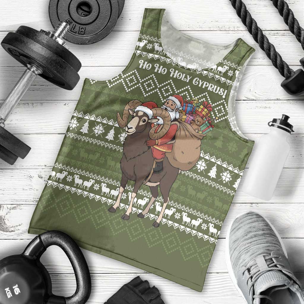 Cyprus Christmas Men Tank Top with Santa Riding Ram Ho Ho Holy Cyprus Text and Green Holiday - Wonder Print Shop