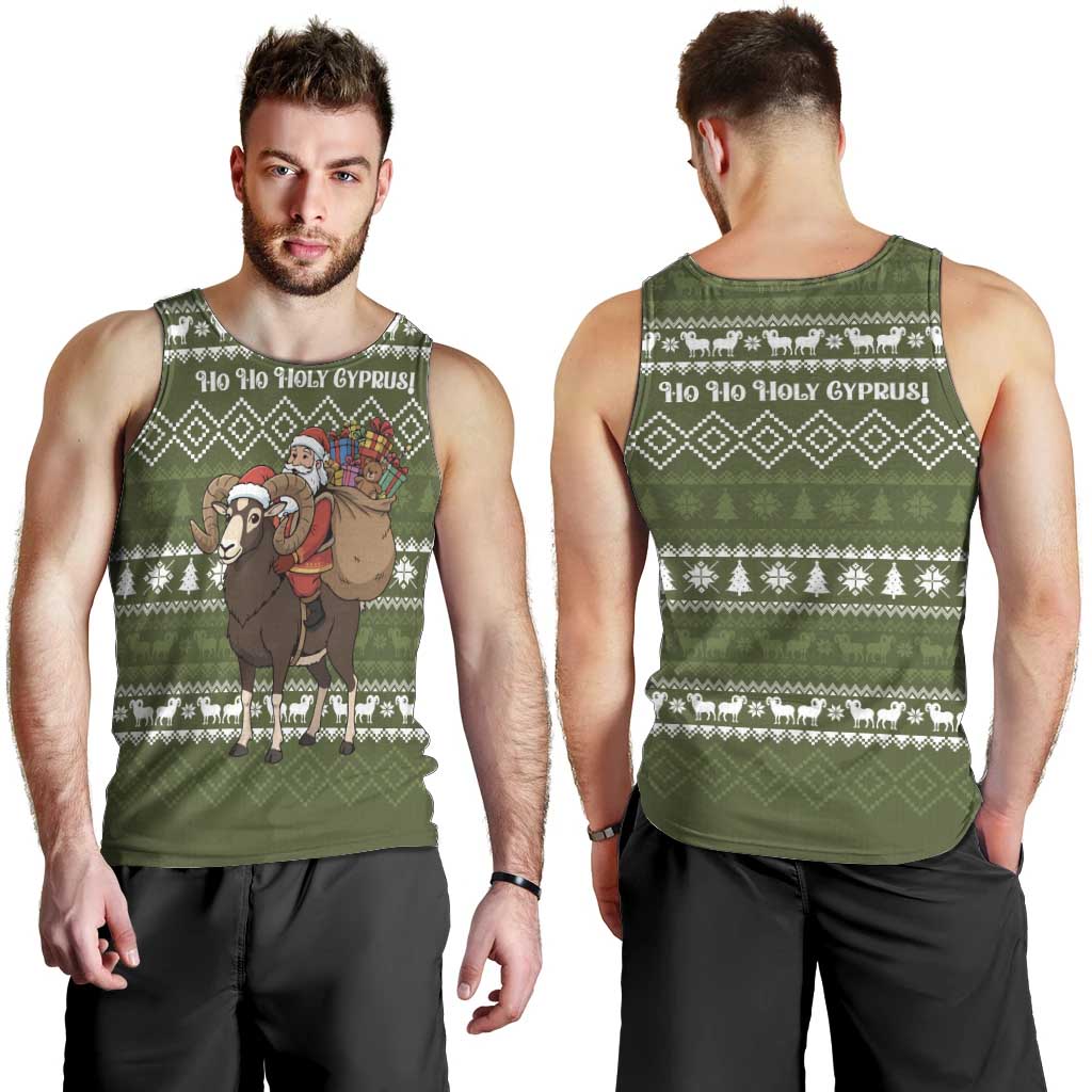 Cyprus Christmas Men Tank Top with Santa Riding Ram Ho Ho Holy Cyprus Text and Green Holiday - Wonder Print Shop