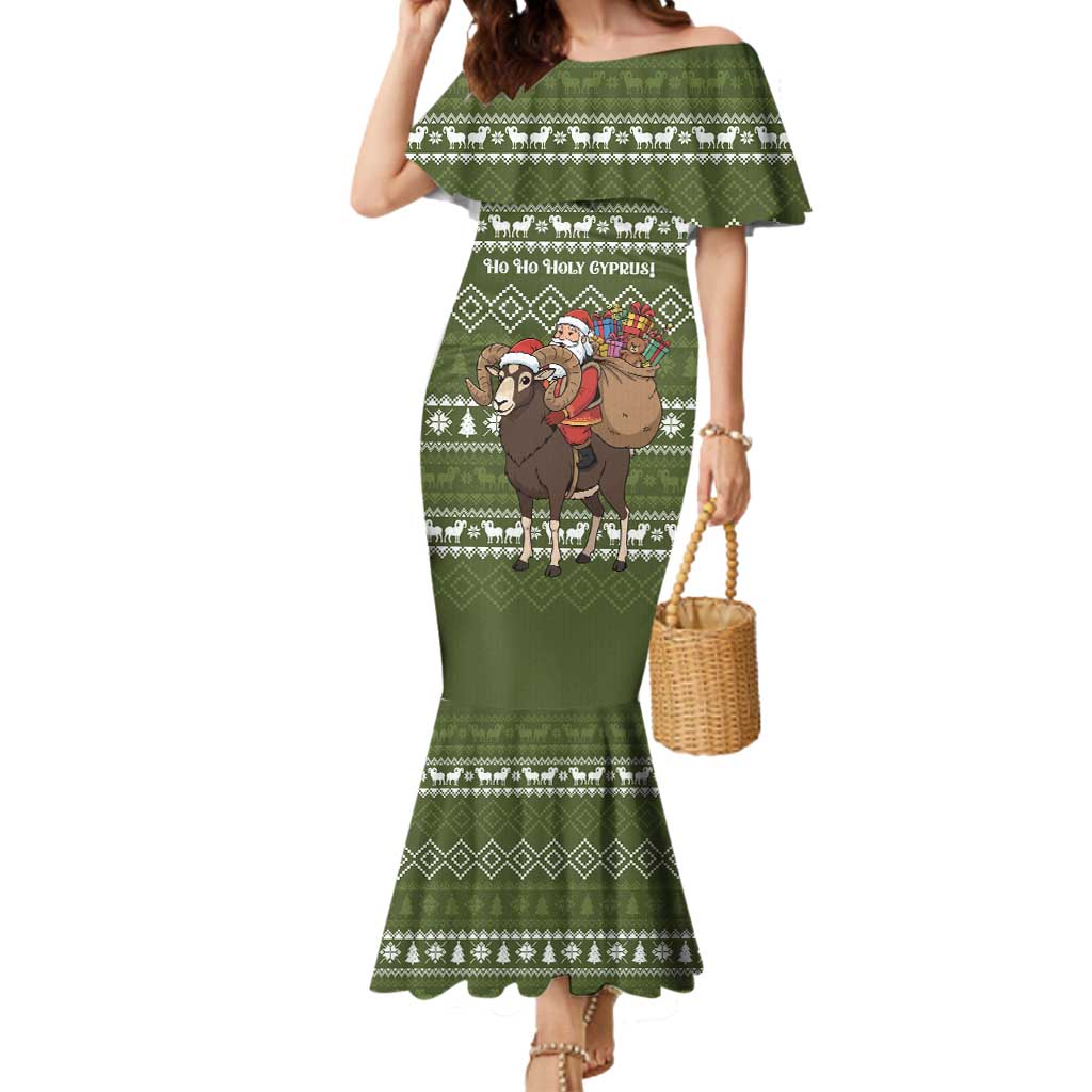 Cyprus Christmas Mermaid Dress with Santa Riding Ram Ho Ho Holy Cyprus Text and Green Holiday - Wonder Print Shop
