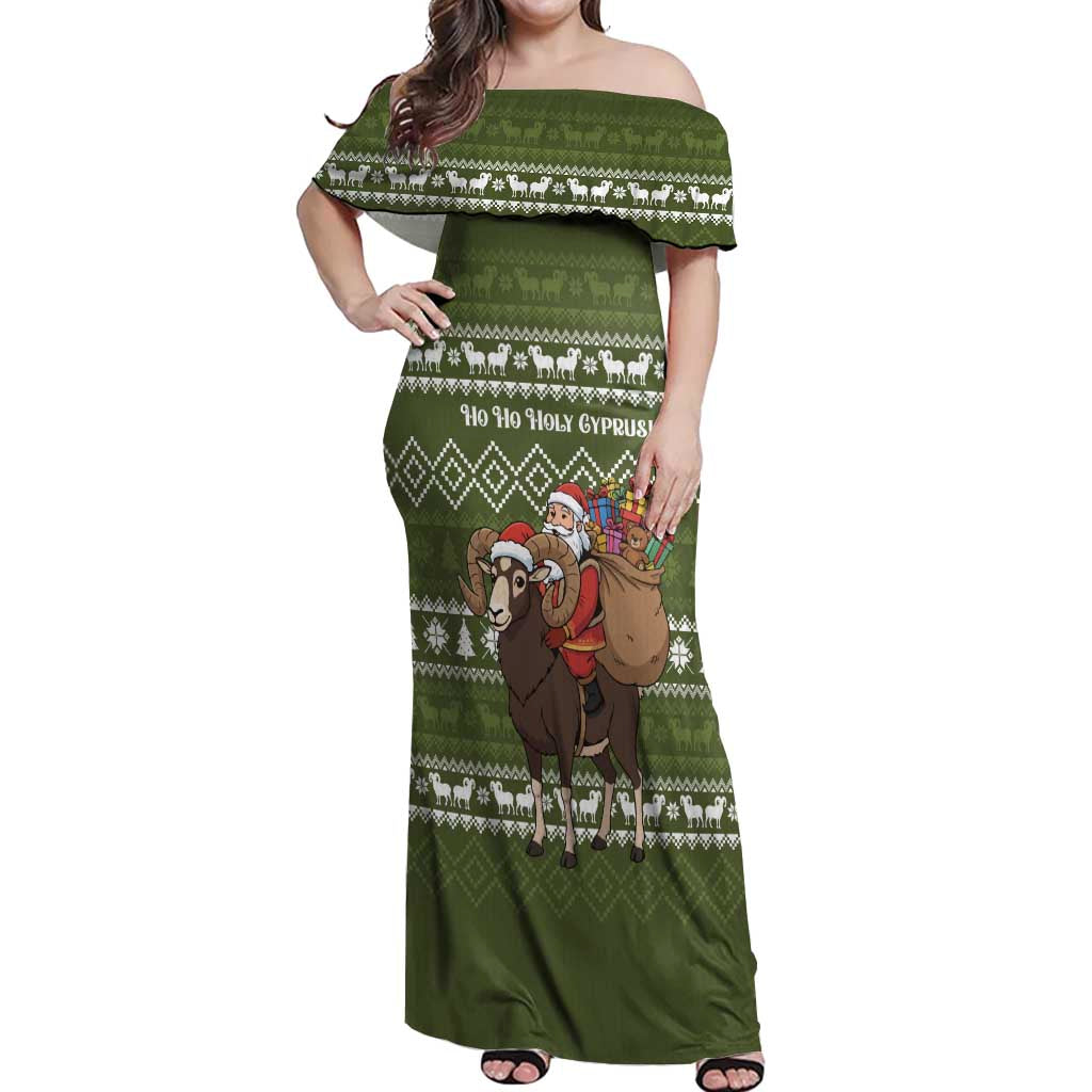 Cyprus Christmas Off Shoulder Maxi Dress with Santa Riding Ram Ho Ho Holy Cyprus Text and Green Holiday - Wonder Print Shop