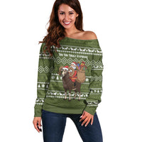 Cyprus Christmas Off Shoulder Sweater with Santa Riding Ram Ho Ho Holy Cyprus Text and Green Holiday - Wonder Print Shop