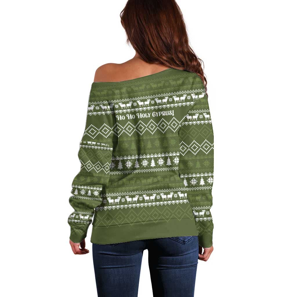 Cyprus Christmas Off Shoulder Sweater with Santa Riding Ram Ho Ho Holy Cyprus Text and Green Holiday - Wonder Print Shop