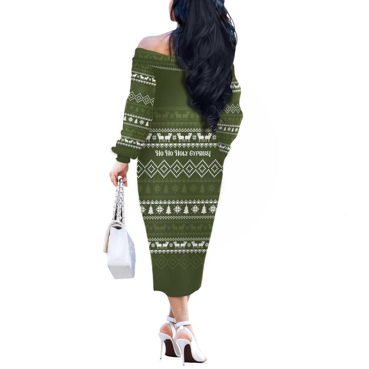 Cyprus Christmas Off The Shoulder Long Sleeve Dress with Santa Riding Ram Ho Ho Holy Cyprus Text and Green Holiday - Wonder Print Shop