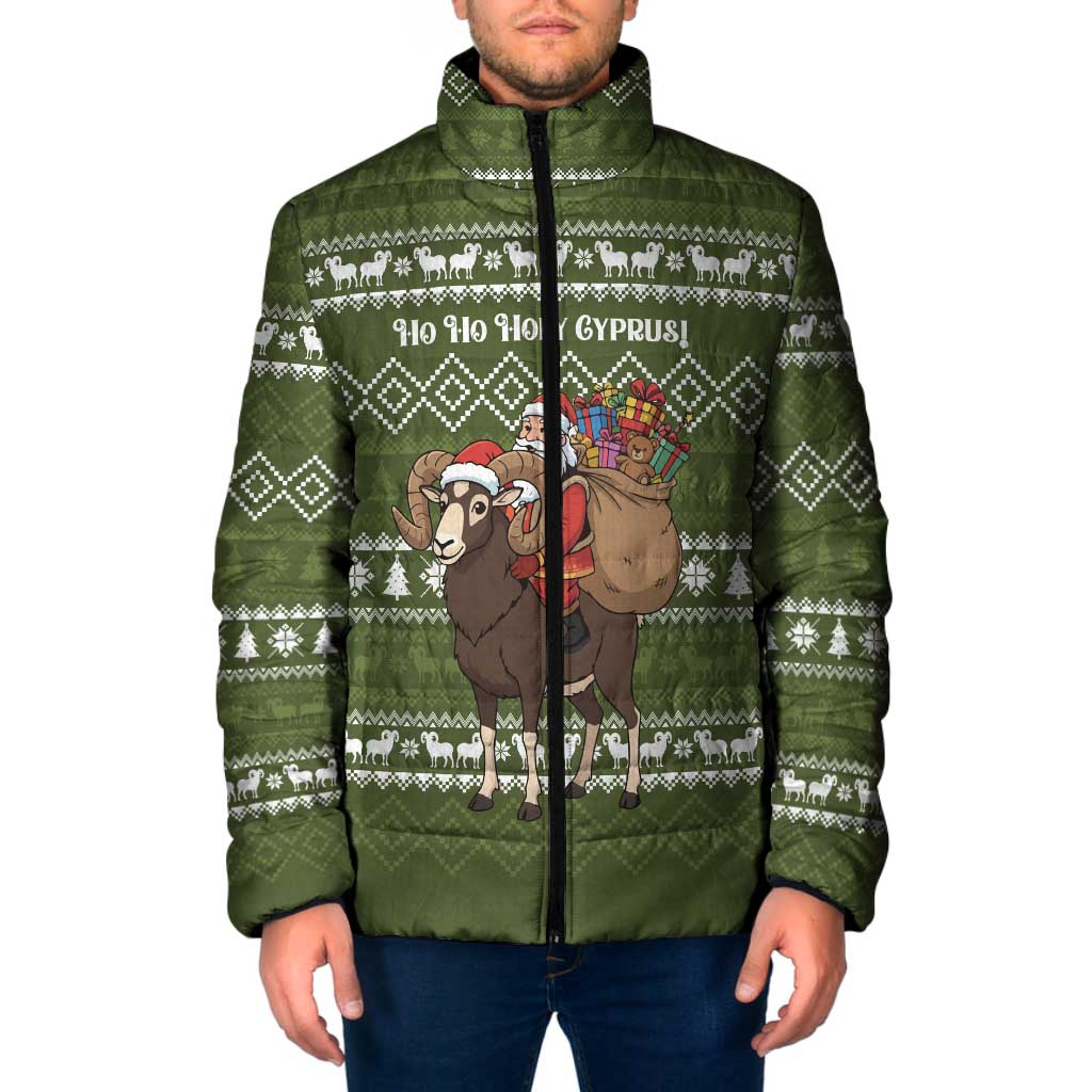 Cyprus Christmas Padded Jacket with Santa Riding Ram Ho Ho Holy Cyprus Text and Green Holiday - Wonder Print Shop