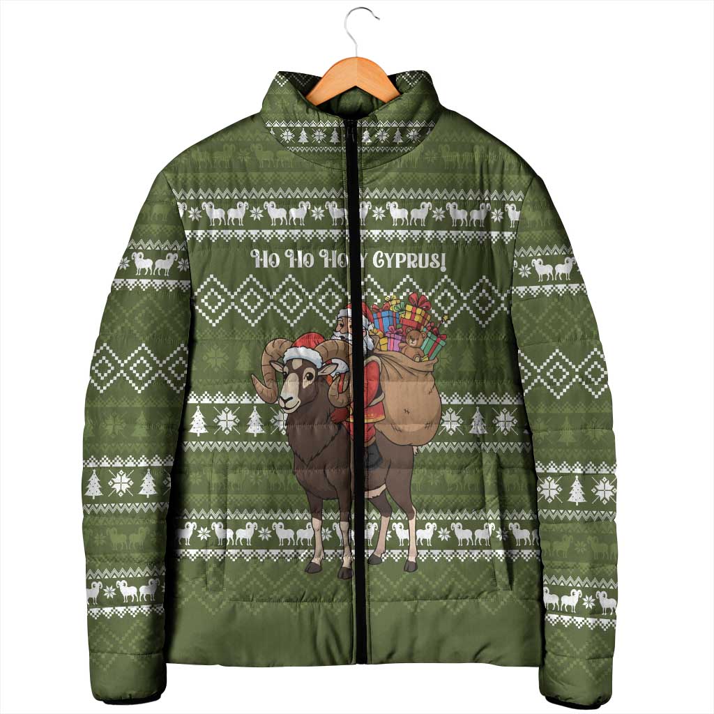 Cyprus Christmas Padded Jacket with Santa Riding Ram Ho Ho Holy Cyprus Text and Green Holiday - Wonder Print Shop