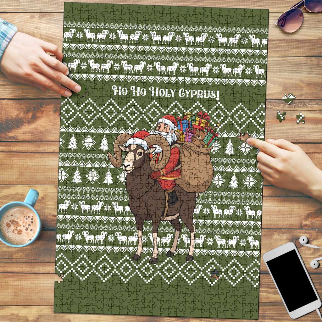 Cyprus Christmas Puzzle with Santa Riding Ram Ho Ho Holy Cyprus Text and Green Holiday - Wonder Print Shop
