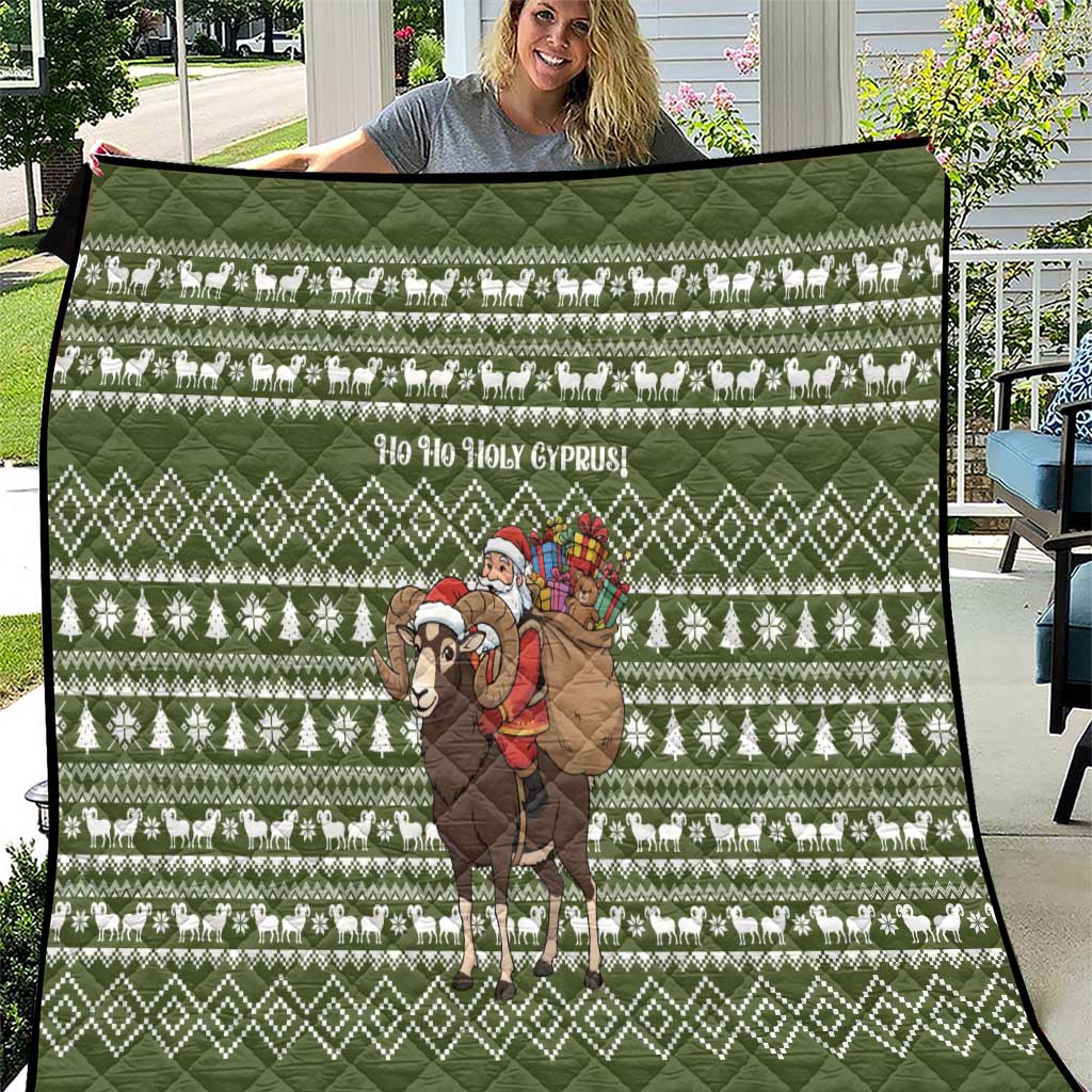 Cyprus Christmas Quilt with Santa Riding Ram Ho Ho Holy Cyprus Text and Green Holiday - Wonder Print Shop