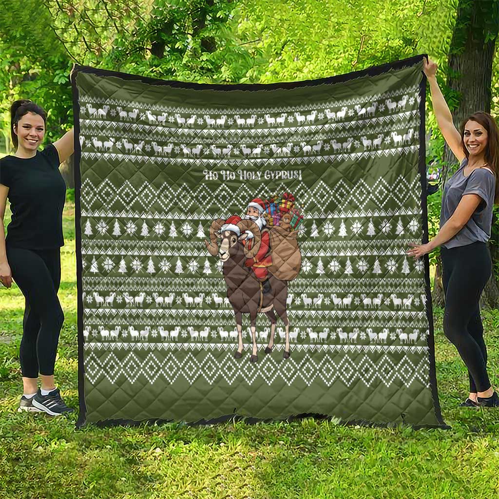Cyprus Christmas Quilt with Santa Riding Ram Ho Ho Holy Cyprus Text and Green Holiday - Wonder Print Shop
