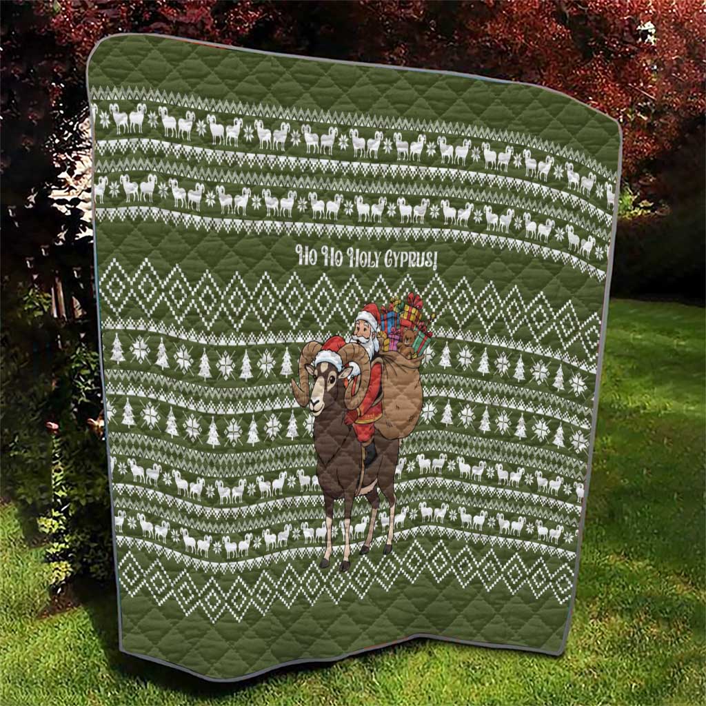 Cyprus Christmas Quilt with Santa Riding Ram Ho Ho Holy Cyprus Text and Green Holiday - Wonder Print Shop