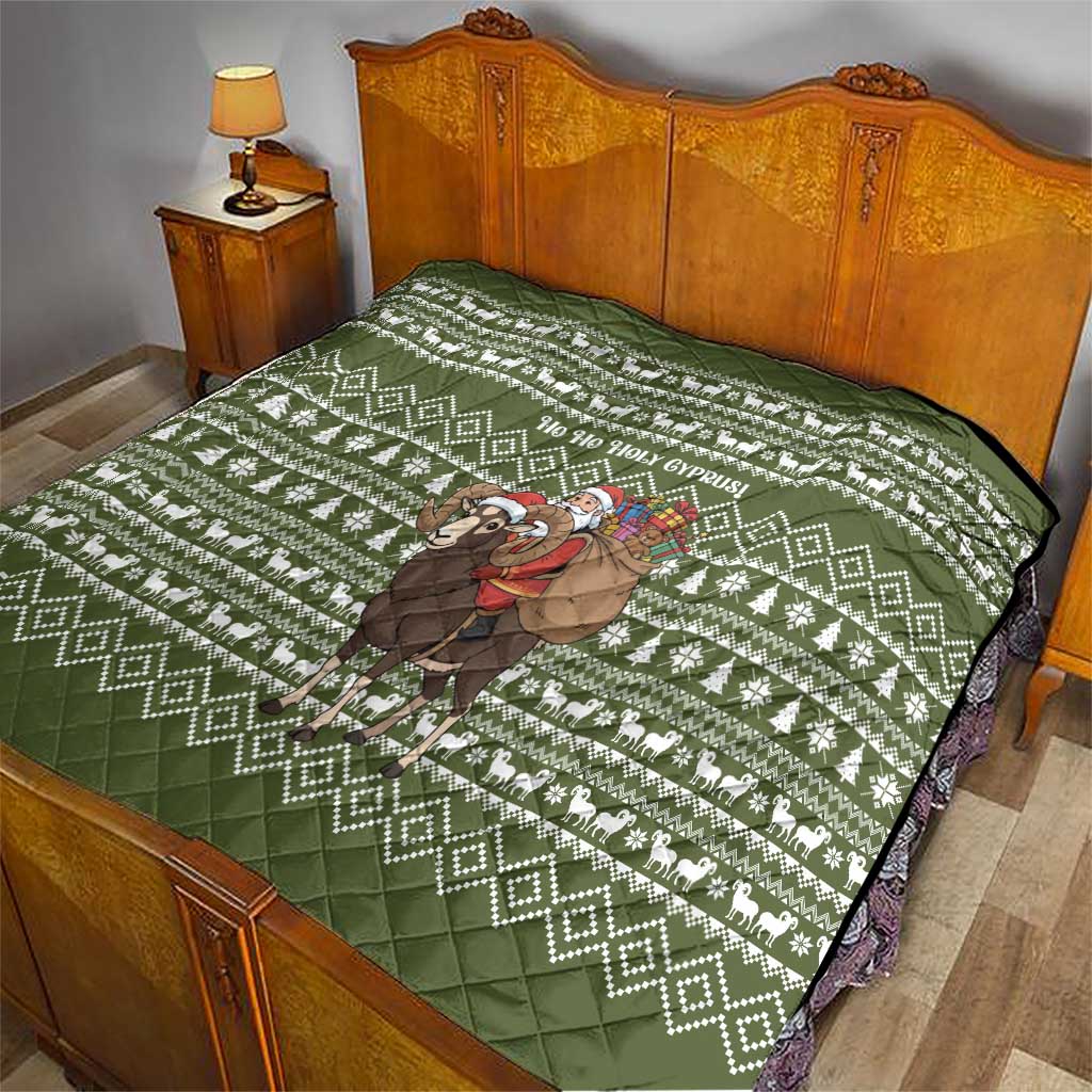 Cyprus Christmas Quilt with Santa Riding Ram Ho Ho Holy Cyprus Text and Green Holiday - Wonder Print Shop