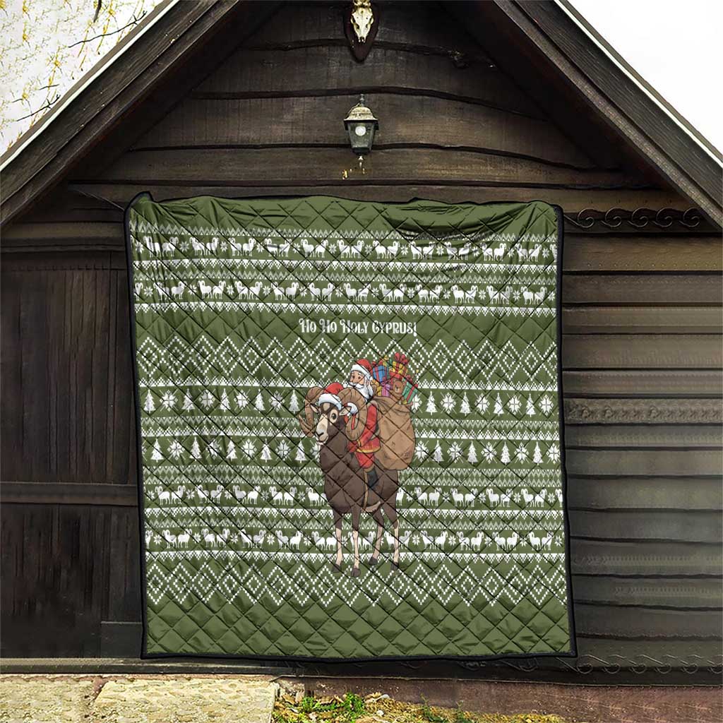 Cyprus Christmas Quilt with Santa Riding Ram Ho Ho Holy Cyprus Text and Green Holiday - Wonder Print Shop
