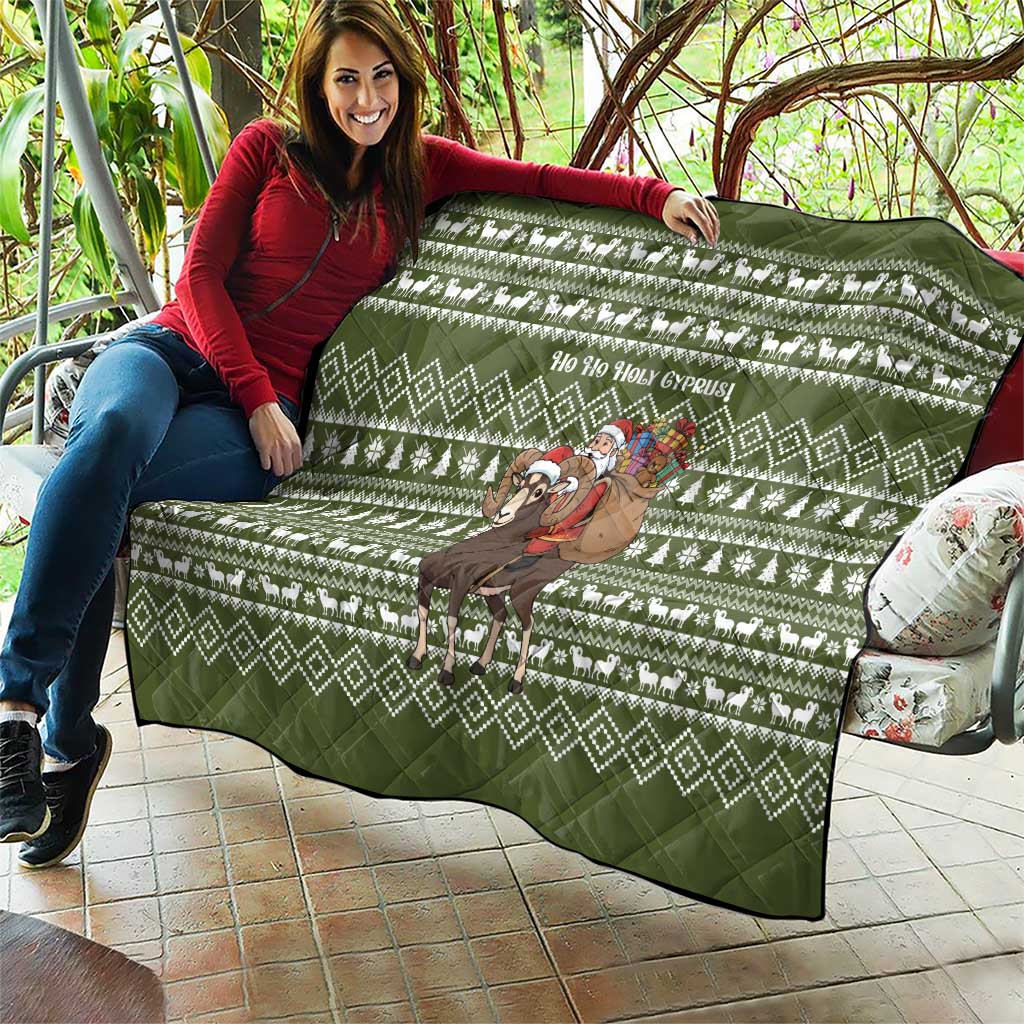 Cyprus Christmas Quilt with Santa Riding Ram Ho Ho Holy Cyprus Text and Green Holiday - Wonder Print Shop