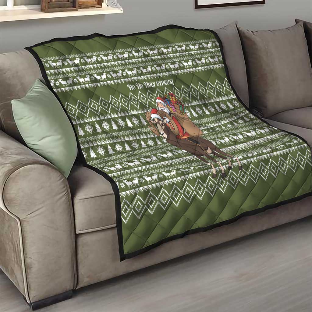 Cyprus Christmas Quilt with Santa Riding Ram Ho Ho Holy Cyprus Text and Green Holiday - Wonder Print Shop