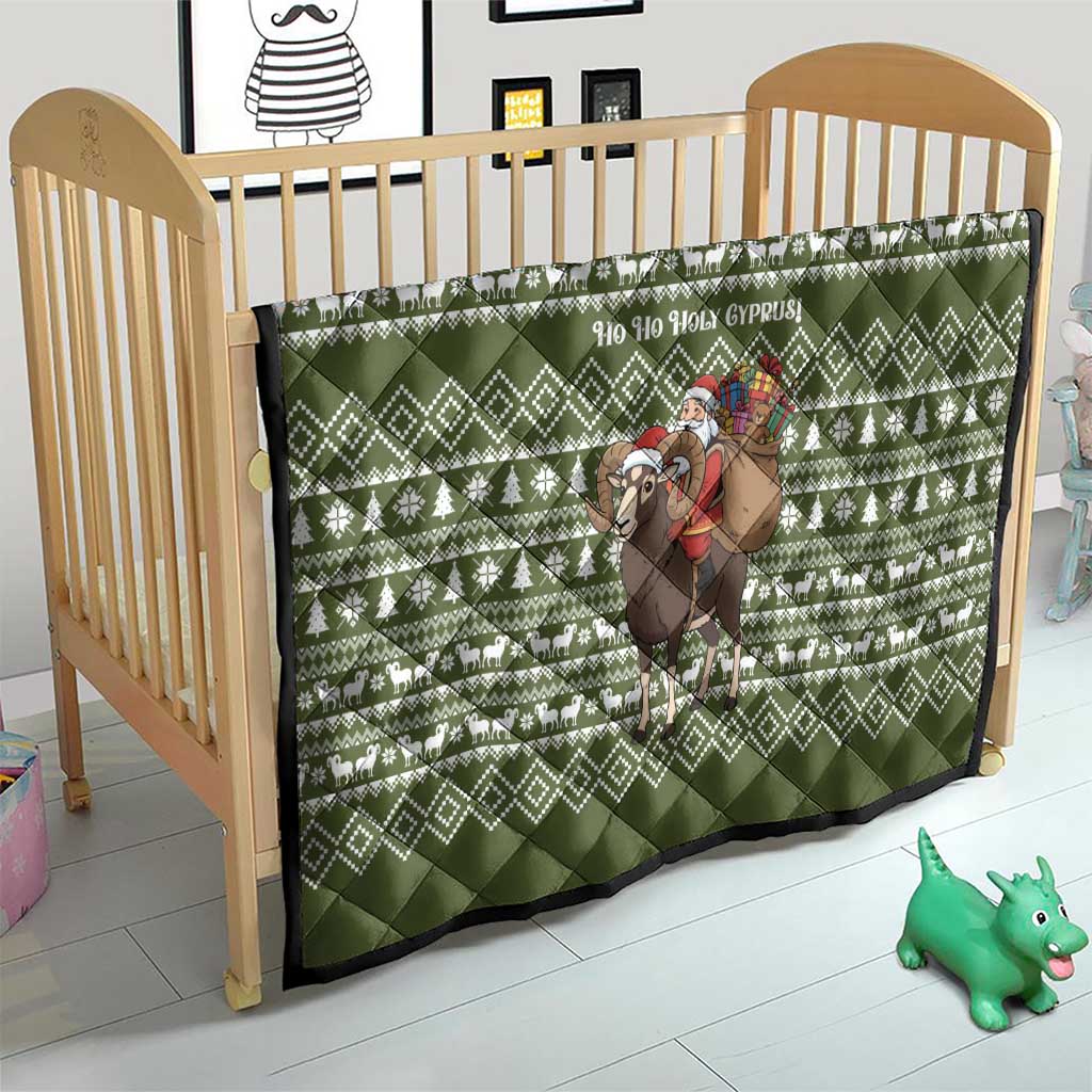 Cyprus Christmas Quilt with Santa Riding Ram Ho Ho Holy Cyprus Text and Green Holiday - Wonder Print Shop