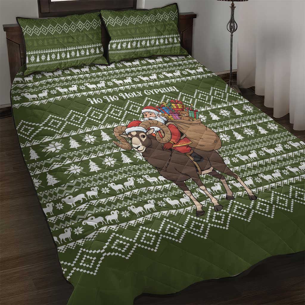 Cyprus Christmas Quilt Bed Set with Santa Riding Ram Ho Ho Holy Cyprus Text and Green Holiday - Wonder Print Shop