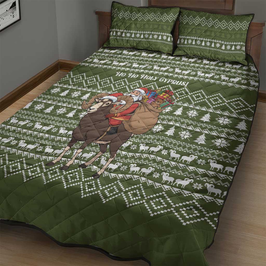 Cyprus Christmas Quilt Bed Set with Santa Riding Ram Ho Ho Holy Cyprus Text and Green Holiday - Wonder Print Shop