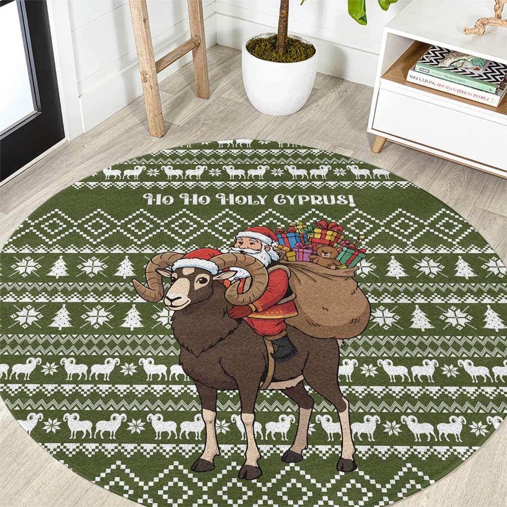 Cyprus Christmas Round Carpet with Santa Riding Ram Ho Ho Holy Cyprus Text and Green Holiday - Wonder Print Shop