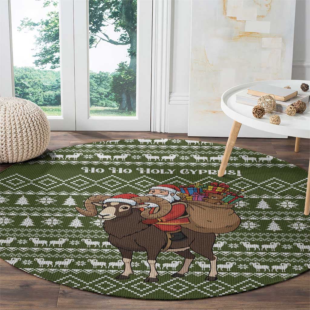 Cyprus Christmas Round Carpet with Santa Riding Ram Ho Ho Holy Cyprus Text and Green Holiday - Wonder Print Shop