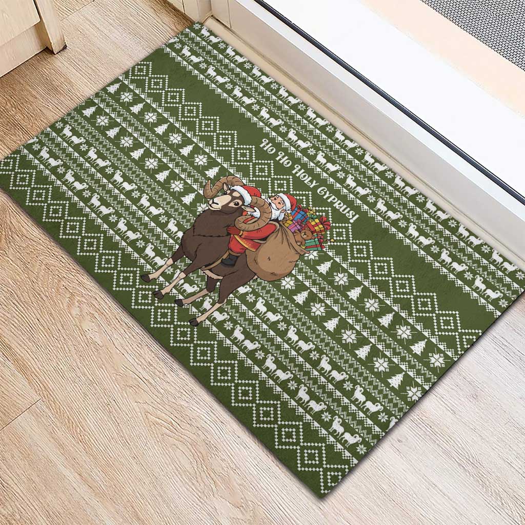 Cyprus Christmas Rubber Doormat with Santa Riding Ram Ho Ho Holy Cyprus Text and Green Holiday - Wonder Print Shop