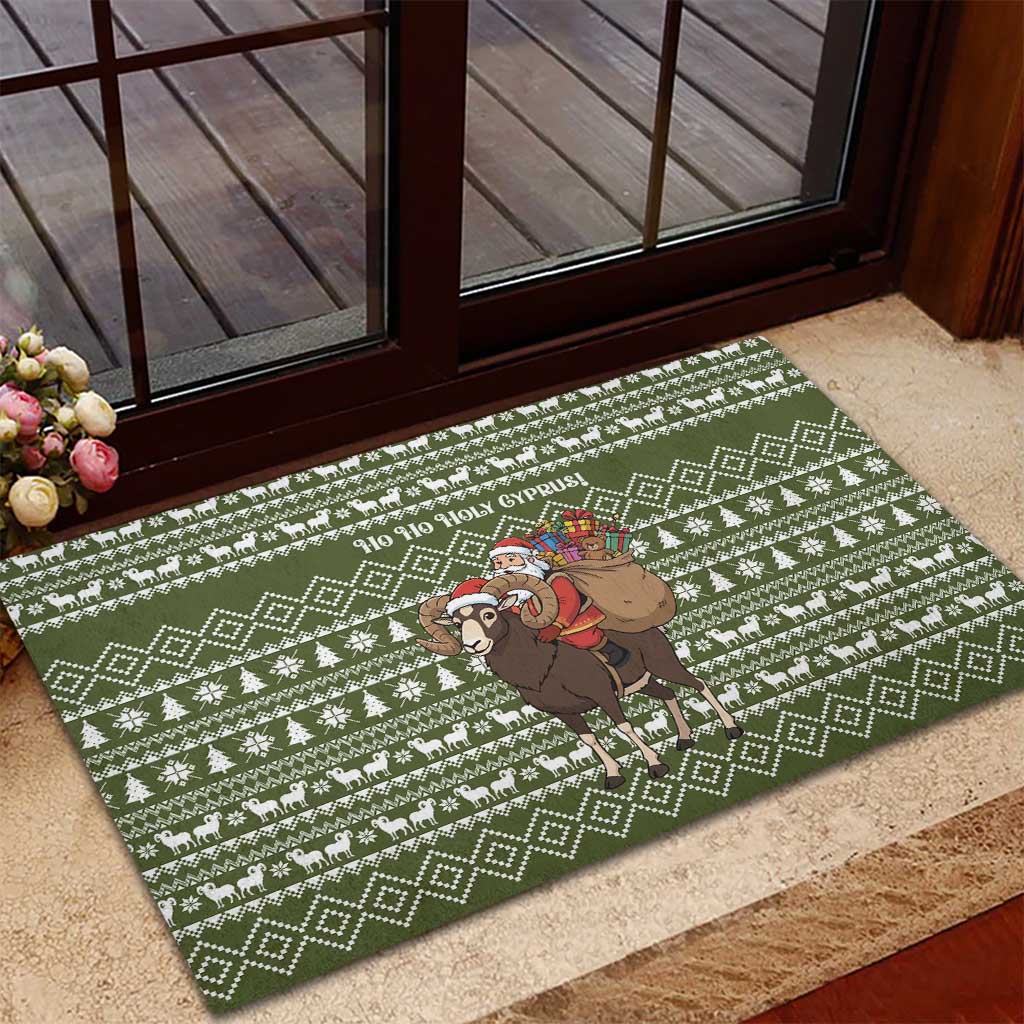 Cyprus Christmas Rubber Doormat with Santa Riding Ram Ho Ho Holy Cyprus Text and Green Holiday - Wonder Print Shop