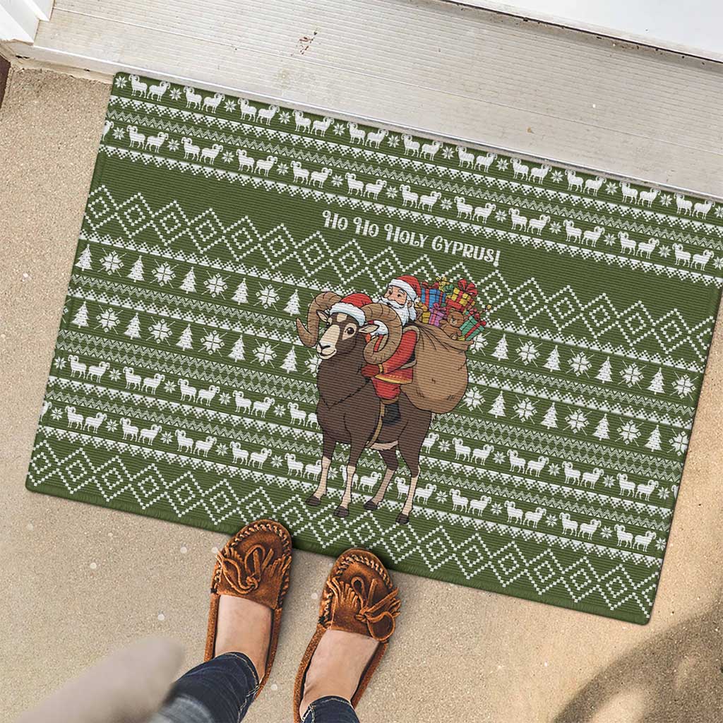 Cyprus Christmas Rubber Doormat with Santa Riding Ram Ho Ho Holy Cyprus Text and Green Holiday - Wonder Print Shop