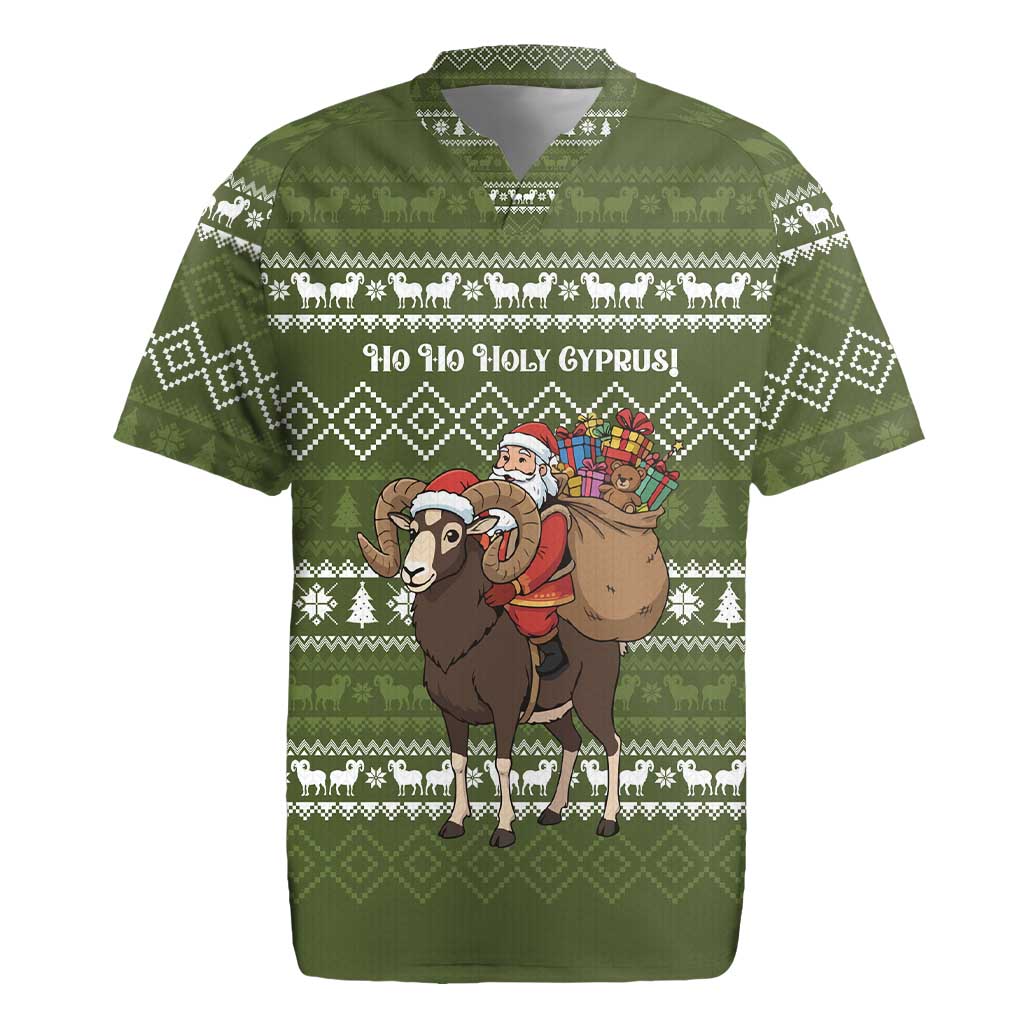 Cyprus Christmas Rugby Jersey with Santa Riding Ram Ho Ho Holy Cyprus Text and Green Holiday - Wonder Print Shop