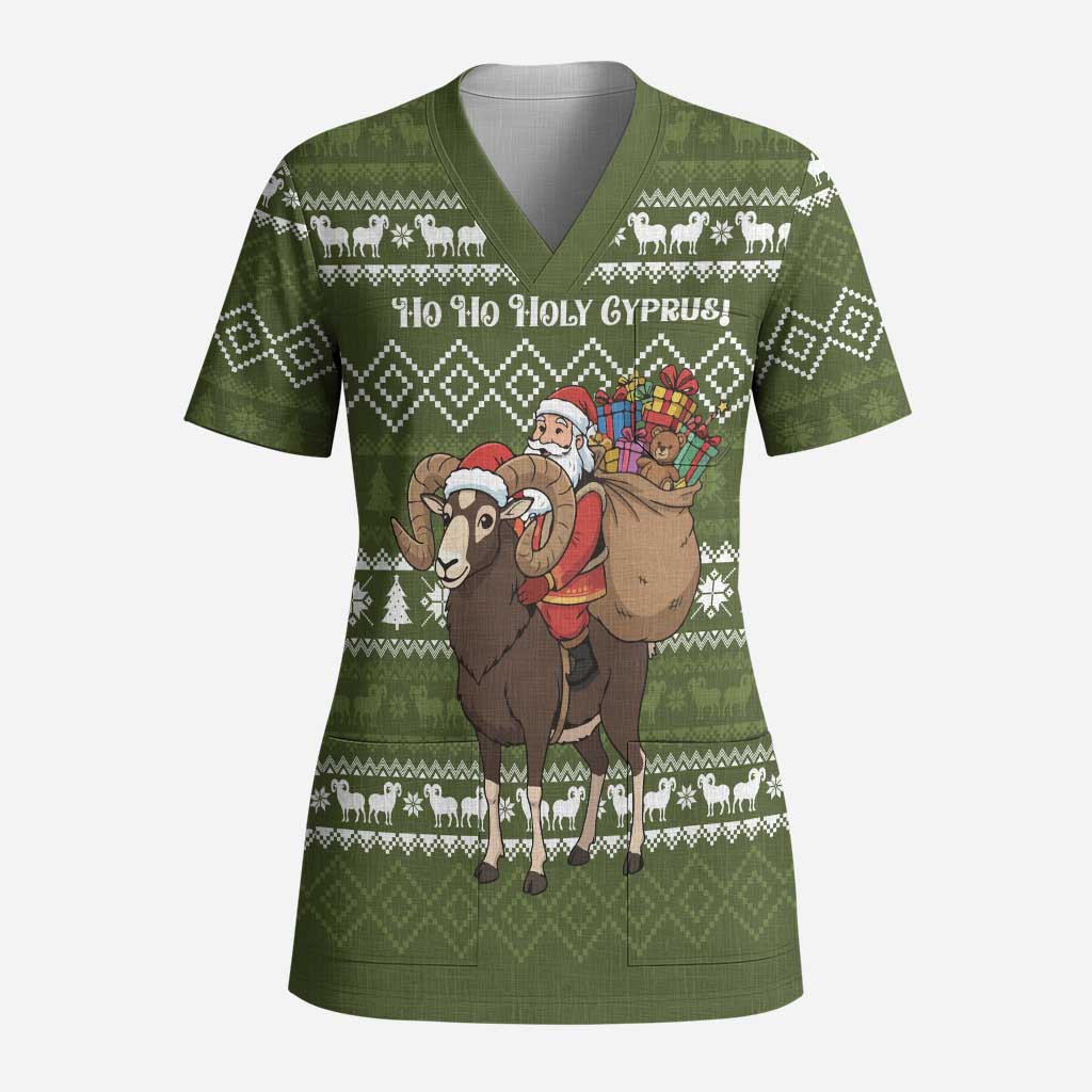 Cyprus Christmas Scrub Top with Santa Riding Ram Ho Ho Holy Cyprus Text and Green Holiday - Wonder Print Shop
