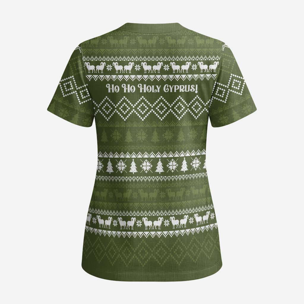 Cyprus Christmas Scrub Top with Santa Riding Ram Ho Ho Holy Cyprus Text and Green Holiday - Wonder Print Shop
