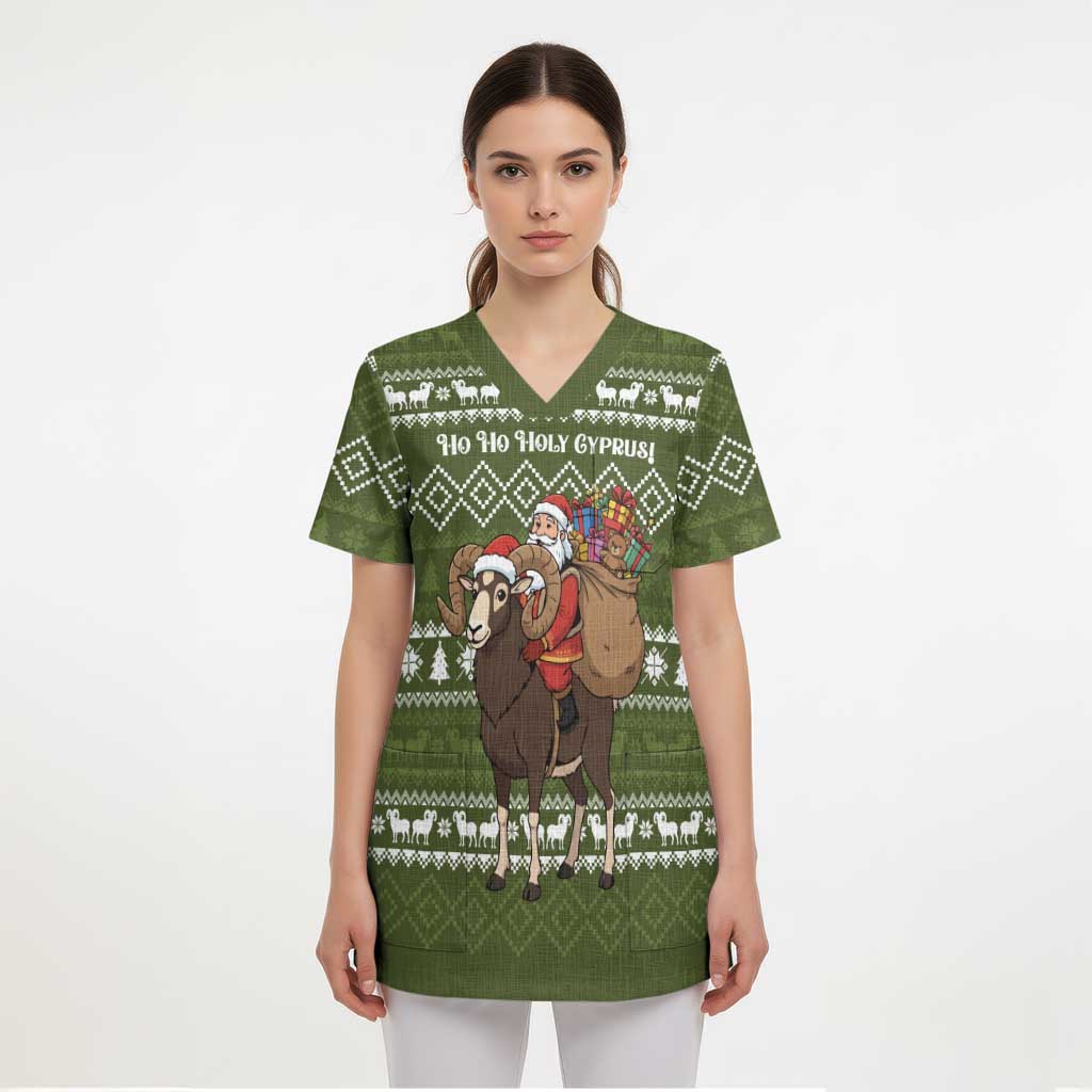 Cyprus Christmas Scrub Top with Santa Riding Ram Ho Ho Holy Cyprus Text and Green Holiday - Wonder Print Shop