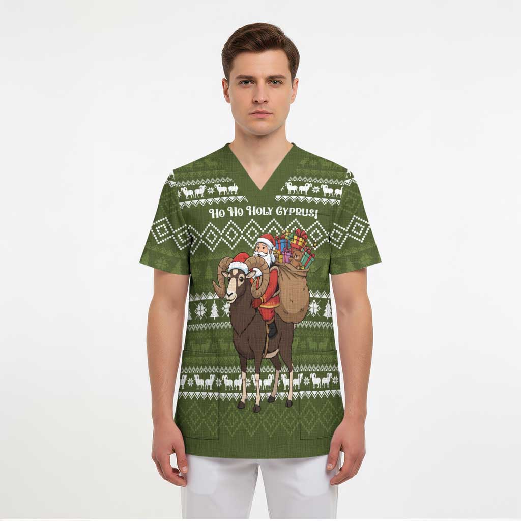Cyprus Christmas Scrub Top with Santa Riding Ram Ho Ho Holy Cyprus Text and Green Holiday - Wonder Print Shop