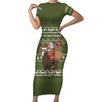 Cyprus Christmas Short Sleeve Bodycon Dress with Santa Riding Ram Ho Ho Holy Cyprus Text and Green Holiday - Wonder Print Shop