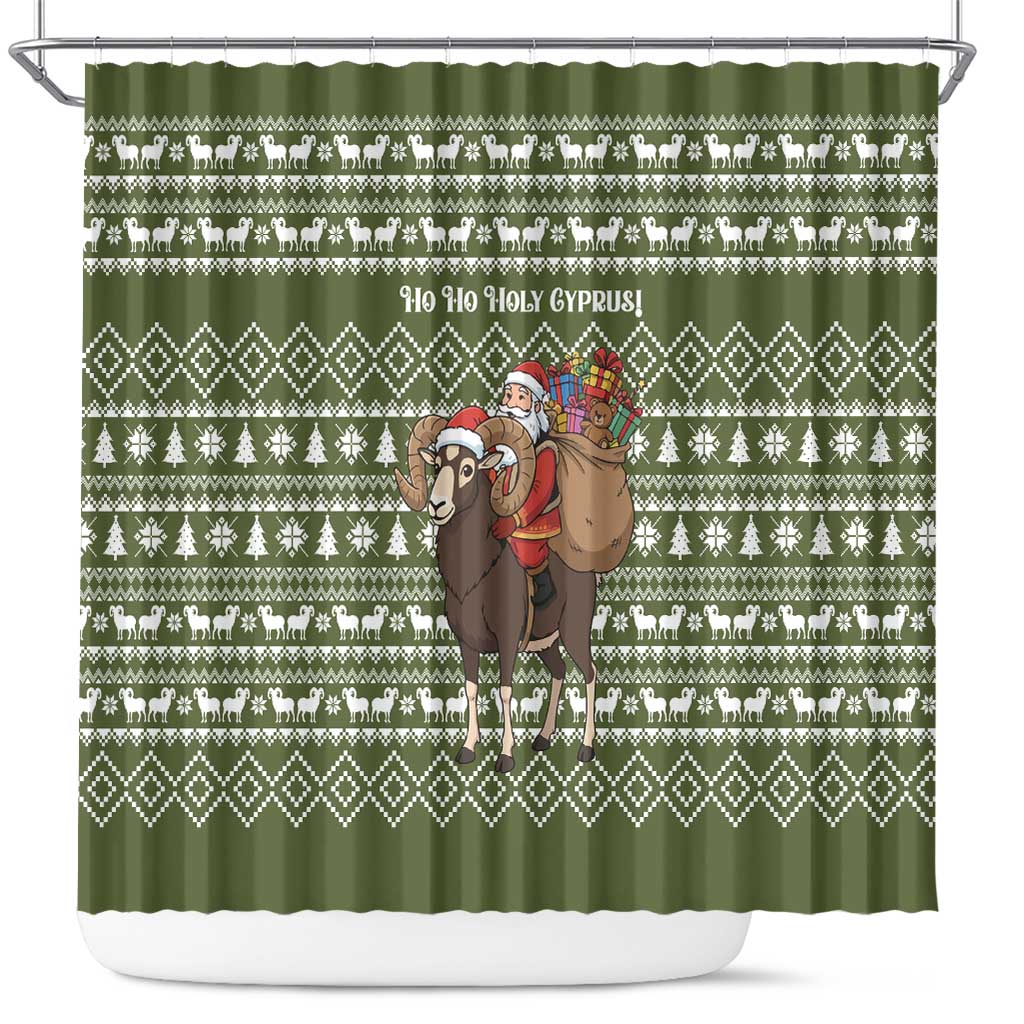 Cyprus Christmas Shower Curtain with Santa Riding Ram Ho Ho Holy Cyprus Text and Green Holiday - Wonder Print Shop