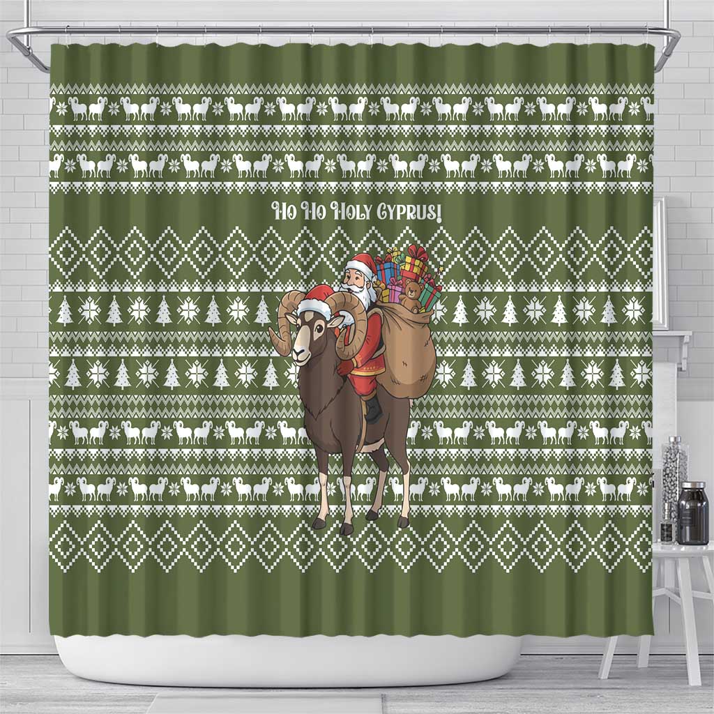 Cyprus Christmas Shower Curtain with Santa Riding Ram Ho Ho Holy Cyprus Text and Green Holiday - Wonder Print Shop