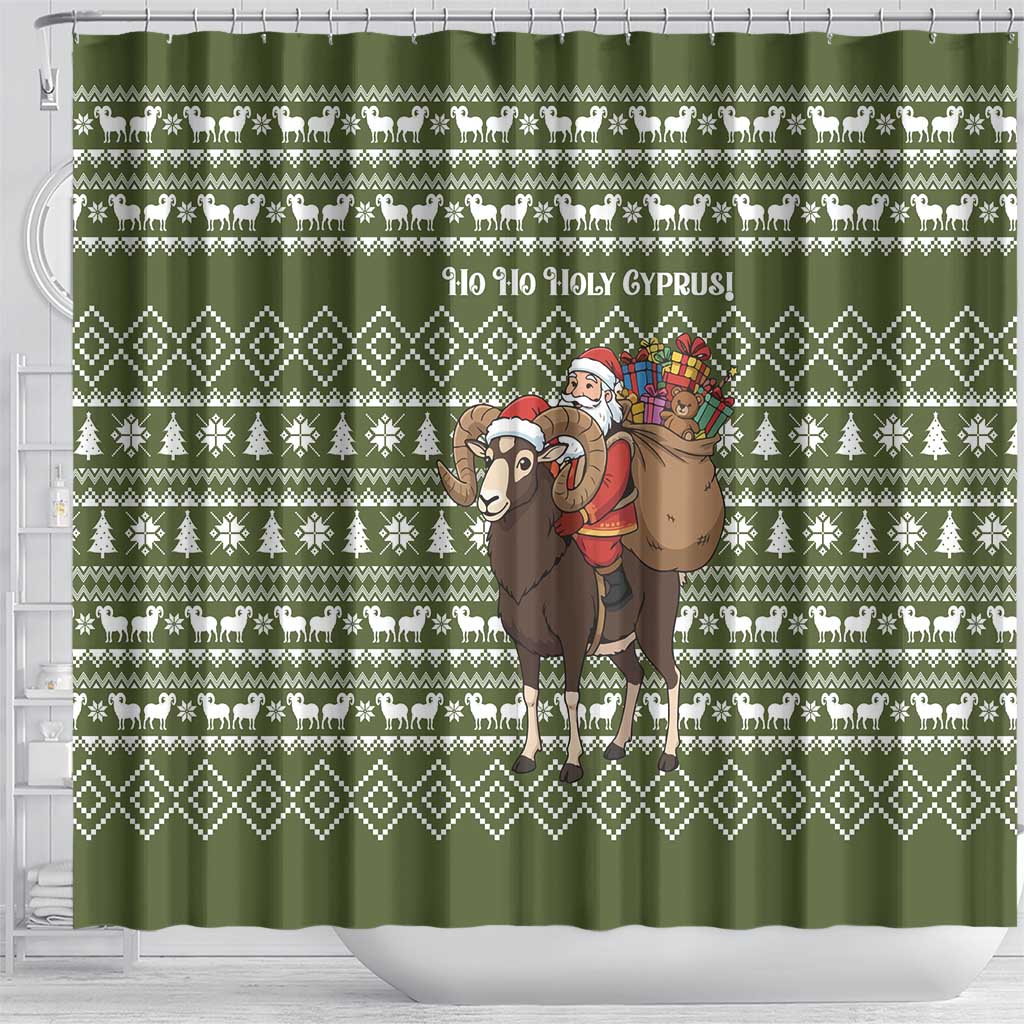 Cyprus Christmas Shower Curtain with Santa Riding Ram Ho Ho Holy Cyprus Text and Green Holiday - Wonder Print Shop