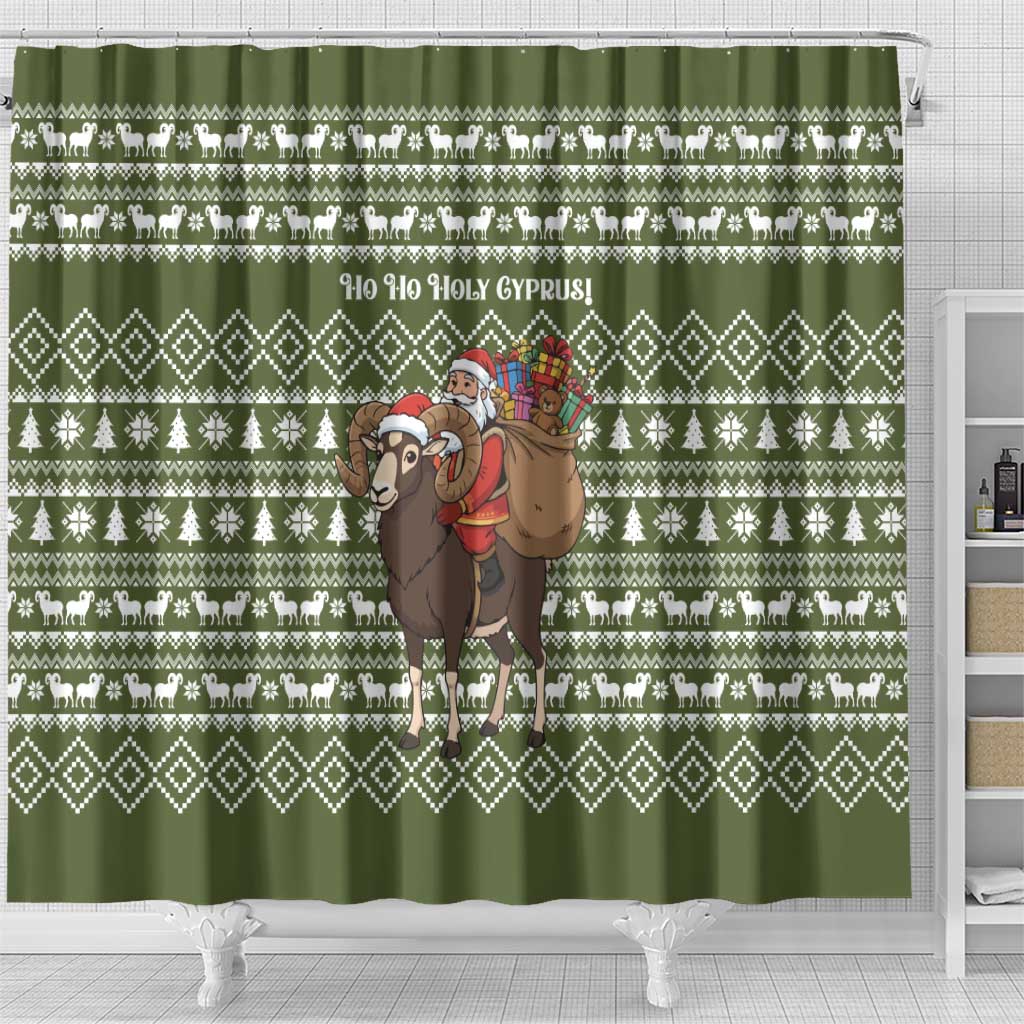 Cyprus Christmas Shower Curtain with Santa Riding Ram Ho Ho Holy Cyprus Text and Green Holiday - Wonder Print Shop