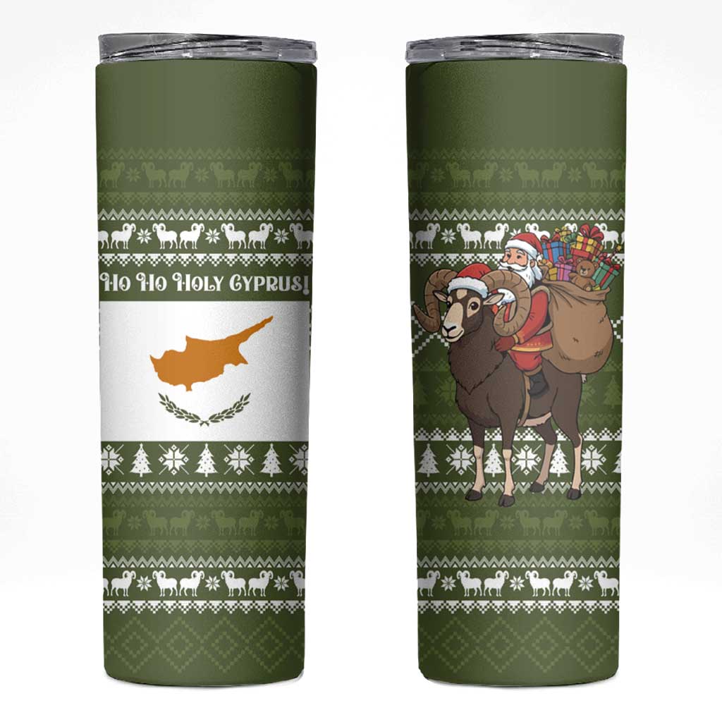 Cyprus Christmas Skinny Tumbler with Santa Riding Ram Ho Ho Holy Cyprus Text and Green Holiday - Wonder Print Shop