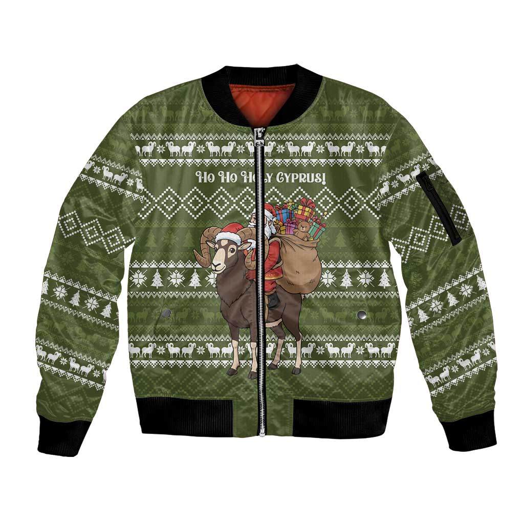 Cyprus Christmas Sleeve Zip Bomber Jacket with Santa Riding Ram Ho Ho Holy Cyprus Text and Green Holiday - Wonder Print Shop