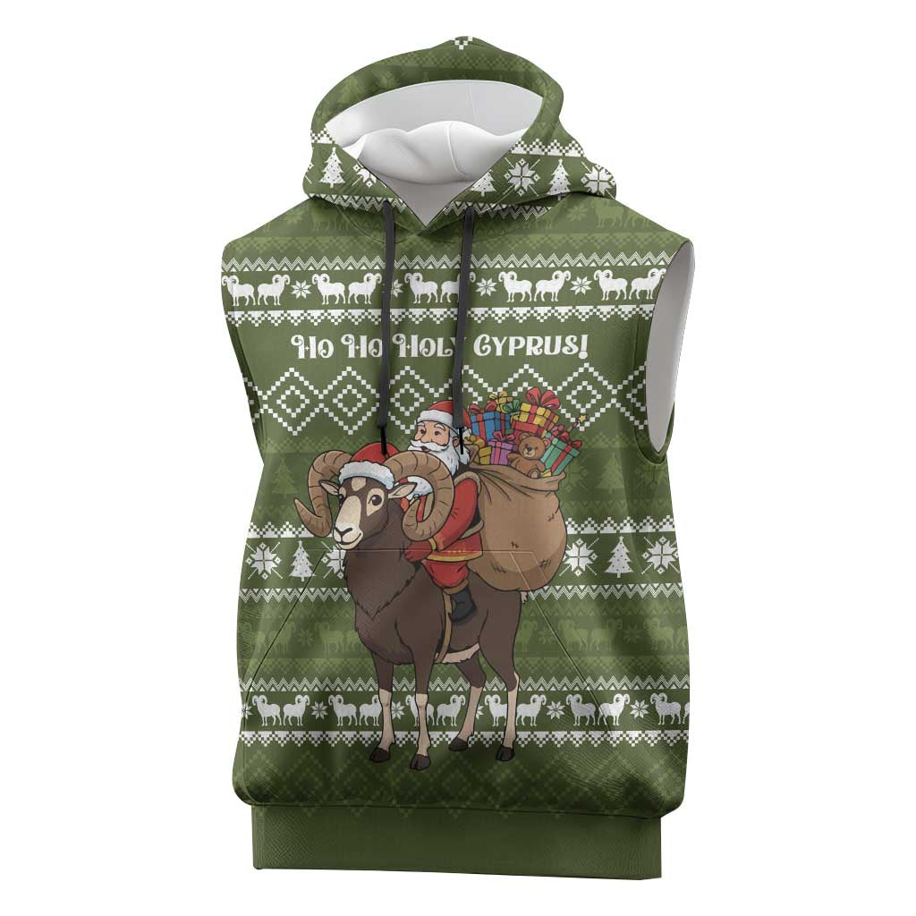 Cyprus Christmas Sleeveless Hoodie with Santa Riding Ram Ho Ho Holy Cyprus Text and Green Holiday - Wonder Print Shop