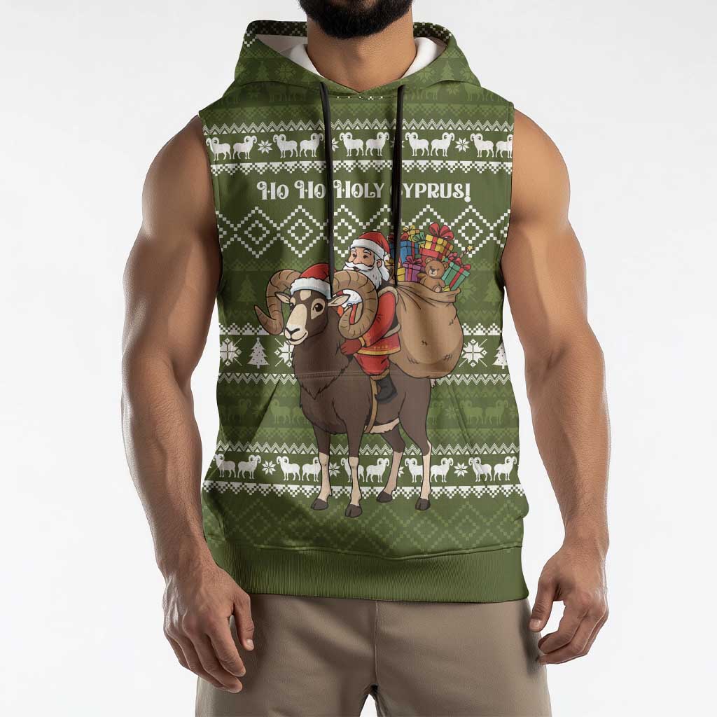 Cyprus Christmas Sleeveless Hoodie with Santa Riding Ram Ho Ho Holy Cyprus Text and Green Holiday - Wonder Print Shop