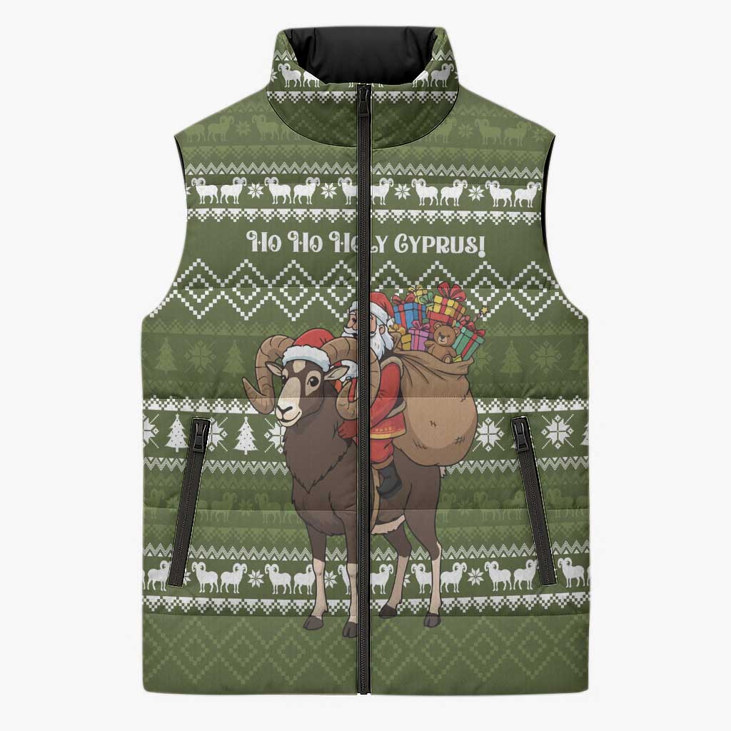 Cyprus Christmas Sleeveless Puffer Jacket with Santa Riding Ram Ho Ho Holy Cyprus Text and Green Holiday - Wonder Print Shop