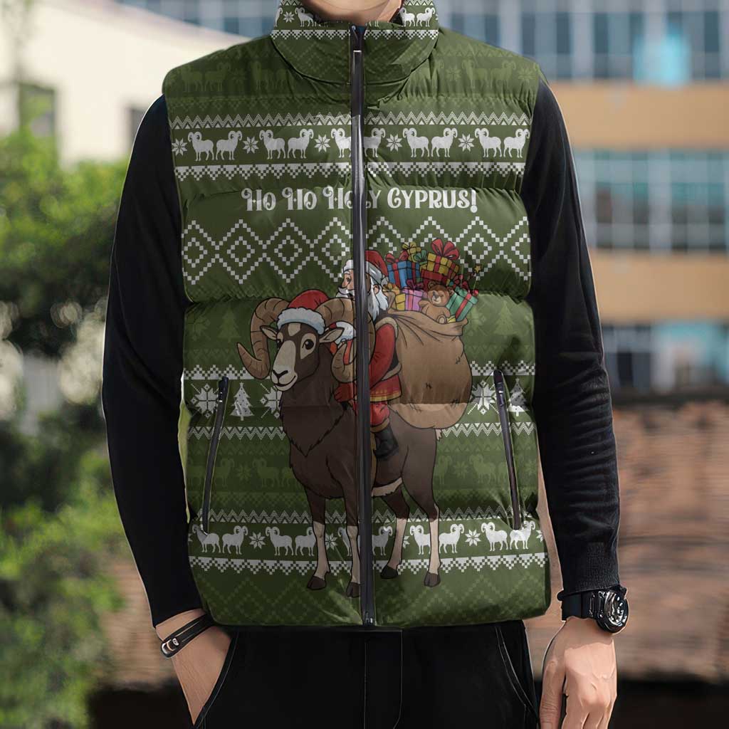 Cyprus Christmas Sleeveless Puffer Jacket with Santa Riding Ram Ho Ho Holy Cyprus Text and Green Holiday - Wonder Print Shop