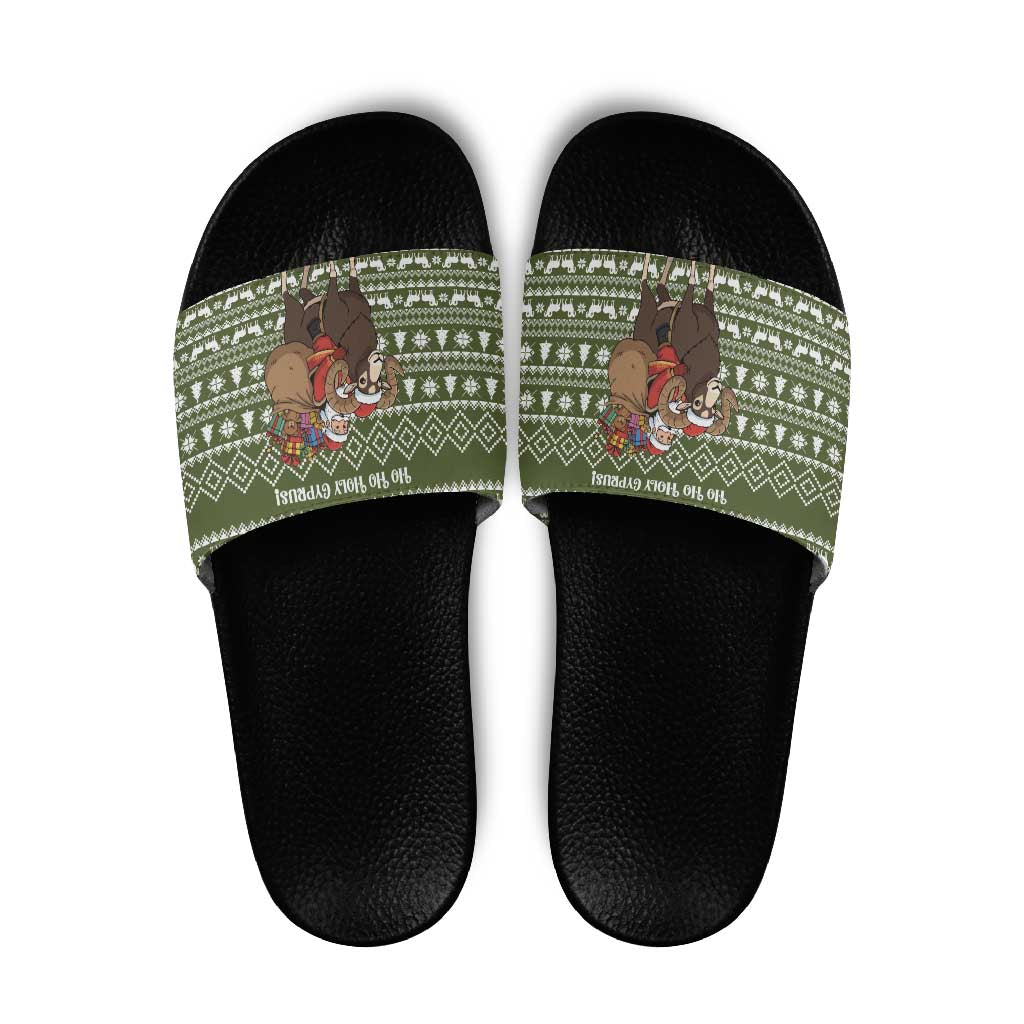 Cyprus Christmas Slide Sandals with Santa Riding Ram Ho Ho Holy Cyprus Text and Green Holiday - Wonder Print Shop