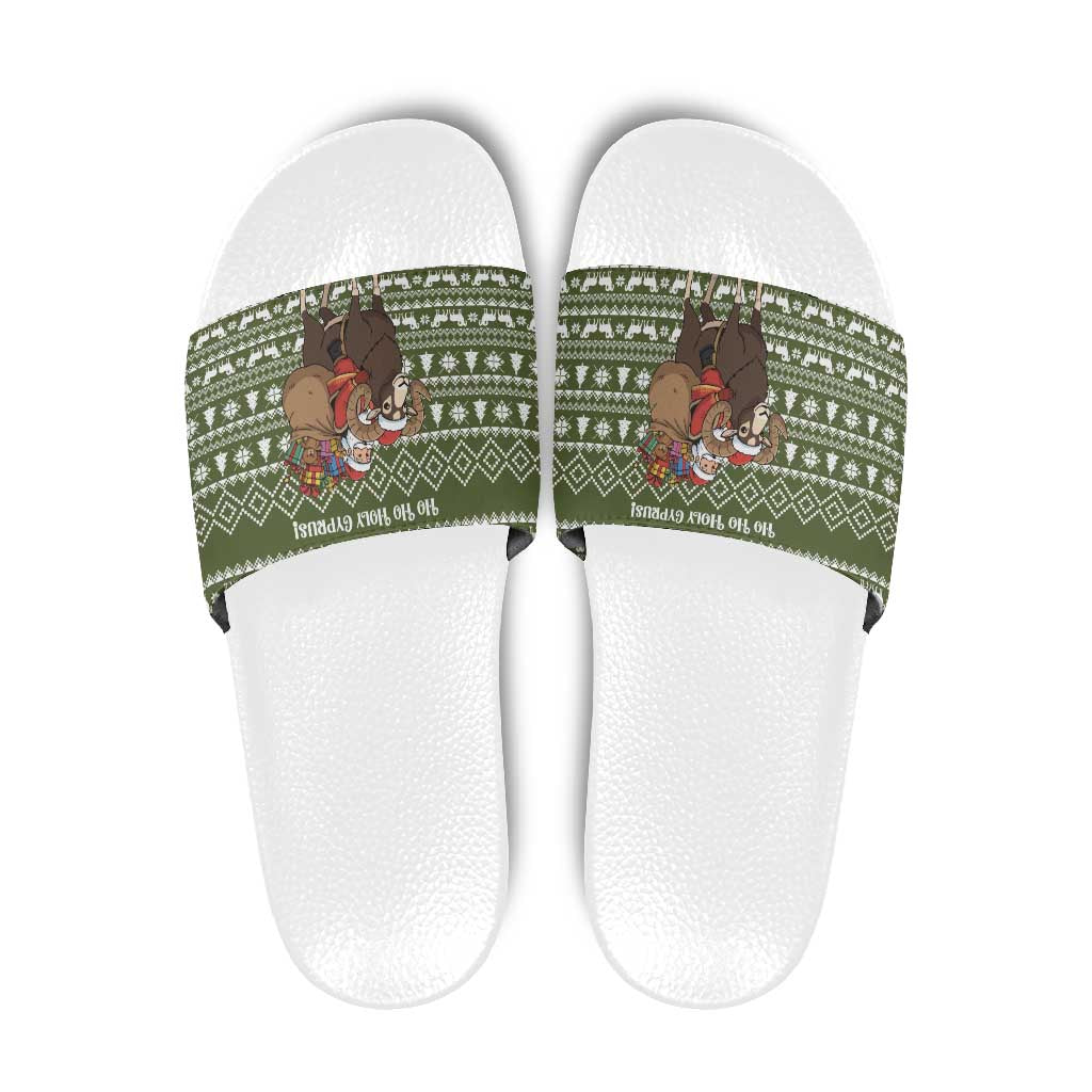 Cyprus Christmas Slide Sandals with Santa Riding Ram Ho Ho Holy Cyprus Text and Green Holiday - Wonder Print Shop